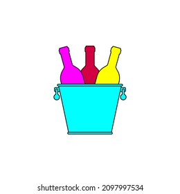 Colored bright wine bottles in a metal bucket. Vector illustration on white background.