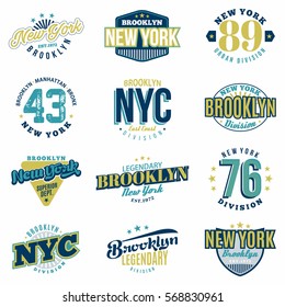 Colored Brooklyn, New York patches set, t-shirt graphics design, typography, vector illustration