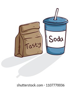 colored brown paper bag with soda cup using doodle style on white background