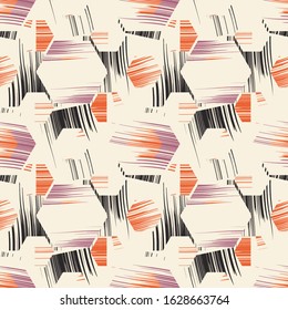 Colored Brush Stroke Textured Broken Hexagons Pattern.