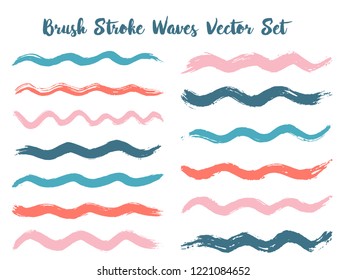 Colored brush stroke waves vector set. Hand drawn red blue brushstrokes, ink splashes, watercolor splats, hand painted curls. Interior paint color palette samples. Textured waves, stripes design.