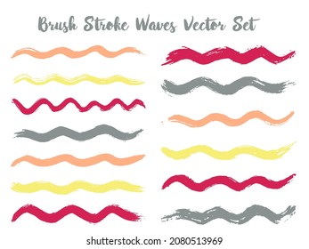 Colored brush stroke waves vector set. Hand drawn red grey brushstrokes, ink splashes, watercolor splats, hand painted curls. Interior paint color palette samples. Textured waves, stripes design.