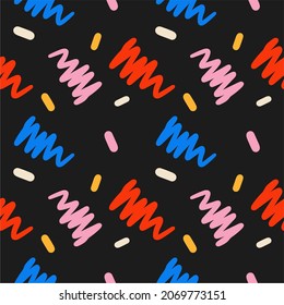 Colored brush strokes on a black background, shapes. Flat design, cartoon, seamless ornament. Sample for cover, fabric, background.