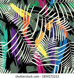 Colored Brushstroke And Leaves Background Vector Pattern Seamless