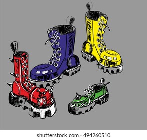 Colored brutal boots. Vector Illustration.