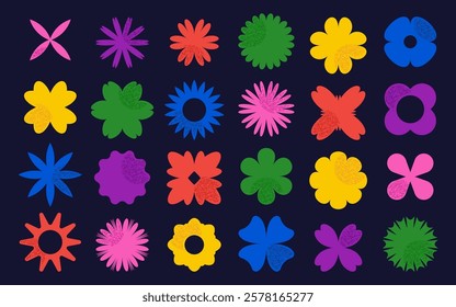 Colored brutalist flower shapes minimalist geometric floral figures graphic design arrangement. Isolated primitive set of Y2K bauhaus natural plant elements, simple brutal blooms vector illustration