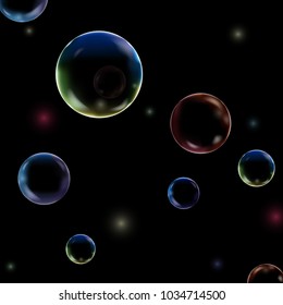 Colored Bubbles underwater texture isolated on black background. Vector fizzy air, gas or clean oxygen bubbles under sea water. 