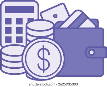 Farbige Budgetsymbole. Vektorgrafik. Taschenrechner, Geldbörse, Kreditkarte, Dollarmünzen und Bargeld. Persönliches Finanzkonzept