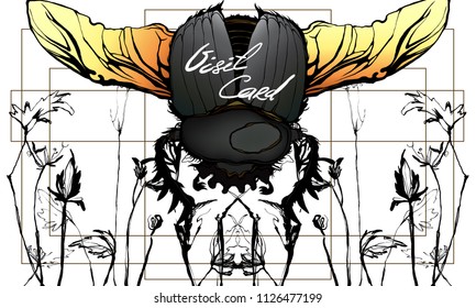 Colored bug on white background. Ornate decorated yellow insect beetle for visit card. Hand drawn vector flower illustration. Fantasy,nature, invitatio. Ecologic cosmetics.