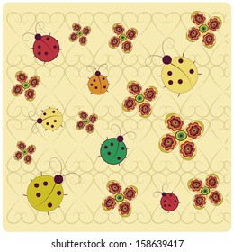 a lot of colored bugs with some beautiful flowers in a textured background with hearts