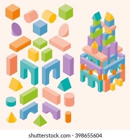 Colored building blocks for children. Vector set. Isometric  illustration