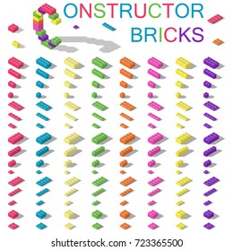 Colored building blocks of plastic constructor isometric set vector graphic illustration