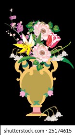 colored bunch of flowers in vase on black background