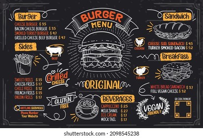 Menú de hamburguesas y sandwich de colores con sus elementos