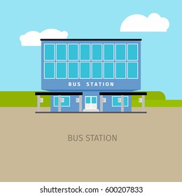 Colored bus station building with sky and clouds, vector illustration