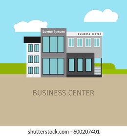 Colored business center building with sky and clouds, vector illustration