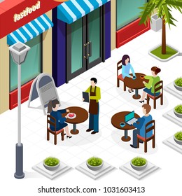 Colored business lunch people composition with city cafe on the street called fast food vector illustration