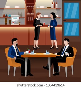 Colored business lunch people composition with flat people in suits and an office room drink coffee and have a lunch vector illustration