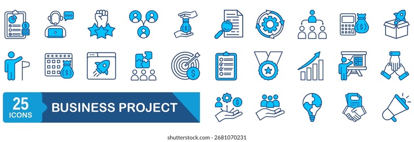 Conjunto de ícones coloridos do projeto comercial. Sucesso, empresa, gerenciamento, trabalho em equipe, ilustração Vetor