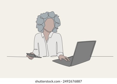 Mujer de negocios de color que sostiene la calculadora y el ordenador portátil. Mujer africana en el concepto de negocios dibujo de una línea