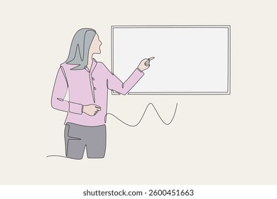 Colored business woman presentation concept one-line drawing