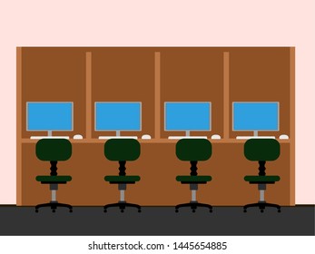 Colored business workspace with different objects like chairs, desk and computer - Vector