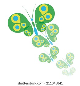 a lot of colored butterflies disappearing on the white background