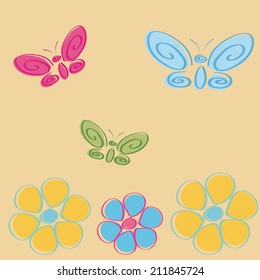 a lot of colored butterflies and flowers on a background