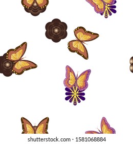 Colored butterflies and flowers. seamless structure without background.