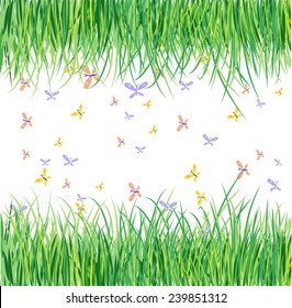 colored butterflies fly between green grass, white background,
