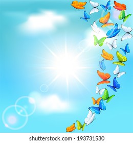Colored butterflies flying on sun background, illustration.