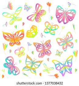 Colored butterflies with a gradient of color on the wings in bright bright colors