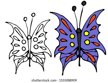 Colored butterflies and hand-drawn coloring pattern. Vector doodle outlined on a white background.