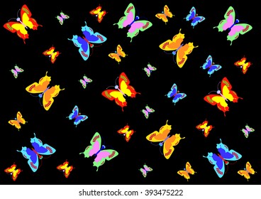 colored butterflies on a black background
