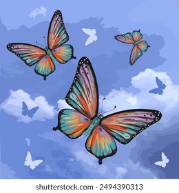 Colored butterflies on  a blue background