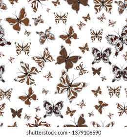 Colored butterflies on a brown, black and white background. Suitable for packaging, paper, fabric. Colorful folk vector seamless pattern with butterflies.