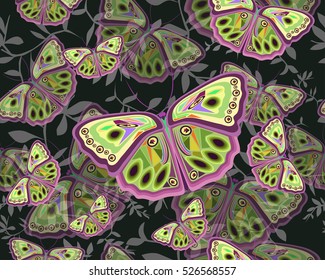 colored butterflies on dark background, monochrome leaves pattern, unusual seamless pattern, 