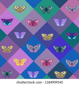 Colored butterflies on geometric background, seamless vector pattern