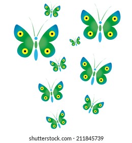 a lot of colored butterflies on a white background