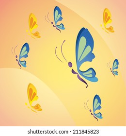 a lot of colored butterflies on a yellow background