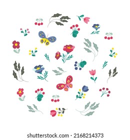 Colored butterflies and various flowers set, plants and twigs. Vector illustration in flat style.