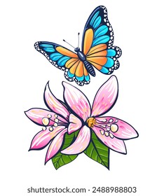 Colored butterfly flutters over flower. Floral Butterflies isolated vector illustration