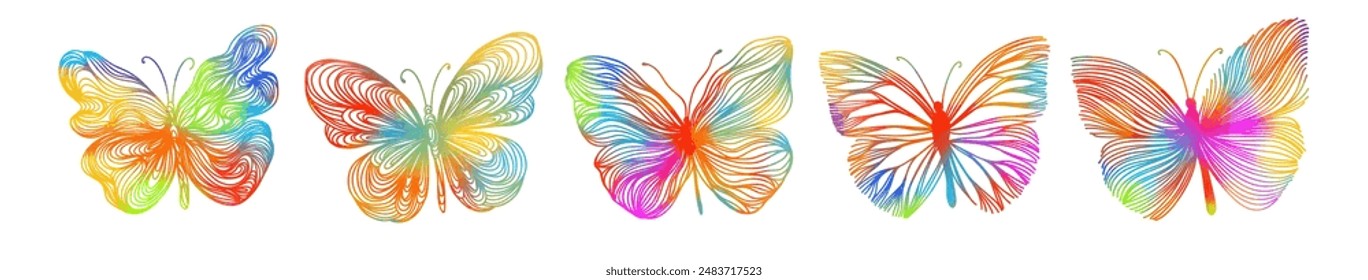 Colored butterfly objects . Line art. Not AI. Vector illustration.