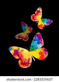 Colored butterfly on a black background. Mixed media . Vector illustration