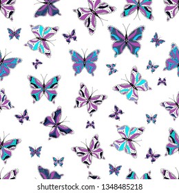 Colored butterfly on a blue, violet and white background. Simple cute pattern for invitation, card, print. Colorful nice folk vector seamless pattern with butterflies.