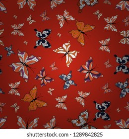 Colored butterfly on a red, white and orange background. Simple cute pattern for invitation, card, print. Colorful nice folk vector seamless pattern with butterflies.