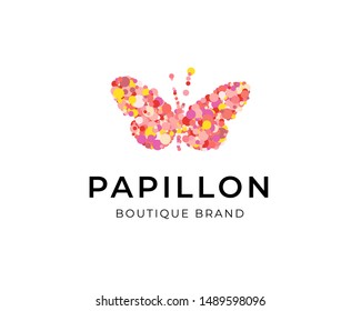 Colored butterfly silhouette with colorful confetti texture with text Papillon on white background. Vector logotype. Icon for label, brand, fashion, wedding invitations, cards.