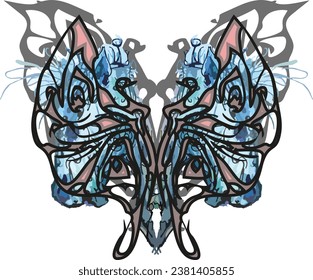 Colored butterfly wings with horse elements on a white backdrop for prints on T-shirts or textiles. Detailed ehtnic butterfly symbol for holidays, events, business concepts, tattoos, fashion, emblems