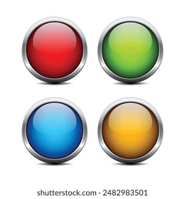 Botones de colores con marco cromado. Iconos 3D brillantes de vidrio redondo. Ilustración vectorial aislada sobre fondo blanco