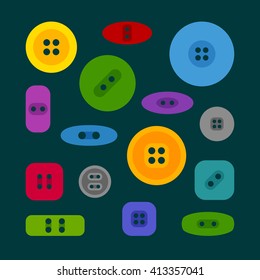 Colored buttons icons set. Different forms. Flat style. Isolated on a dark background. Vector illustration.